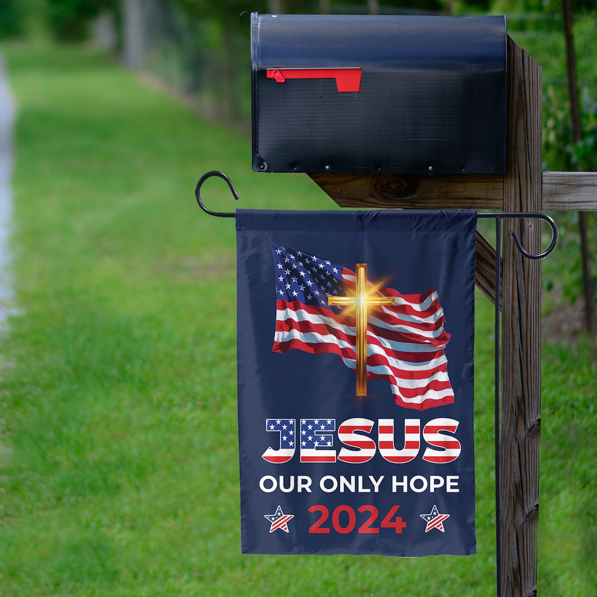 Teesdily | Jesus Cross American Flag, Jesus Our Only Hope 2024 House Flag, American Garden Flag, Patriotic Home Decoration Gifts, Jesus Lovers Flag