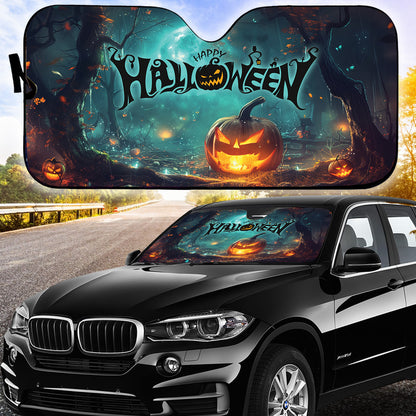 Teesdily | Happy Halloween Car Sunshade, Pumpkin Car Window Sunshade, Halloween Moon Night Windshield Sun Shade, Car Decor, Halloween Gift