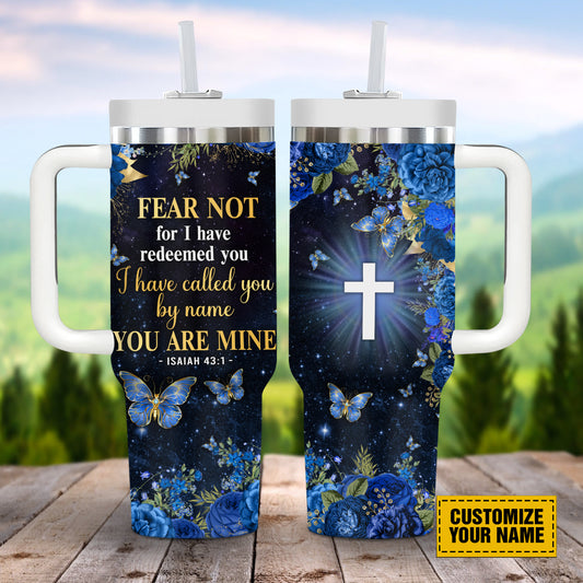 Teesdily | Customized Jesus Cross Bible Verse Tumbler, Blue Floral Christian Insulated Tumbler, Gift For Jesus Lovers, Jesus Christ Insulated Cup