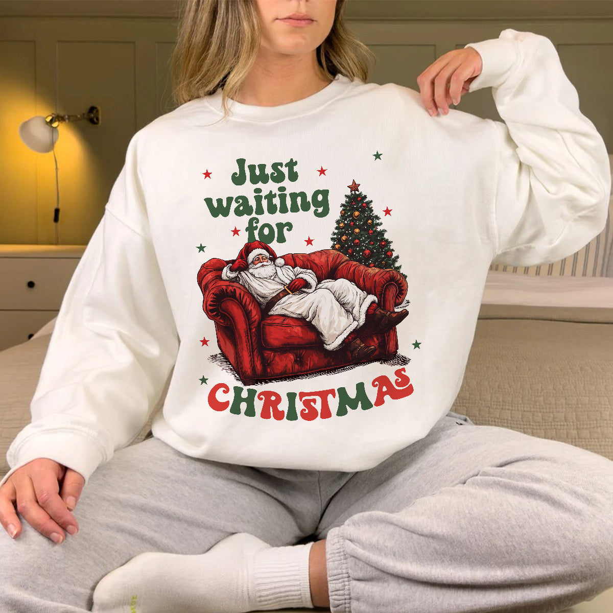 Teesdily | Just Waiting For Christmas Shirt, Santa Sofa Christmas Lights Tee 2024, Santa Claus Sweatshirt Hoodie Mug, Holiday Gift