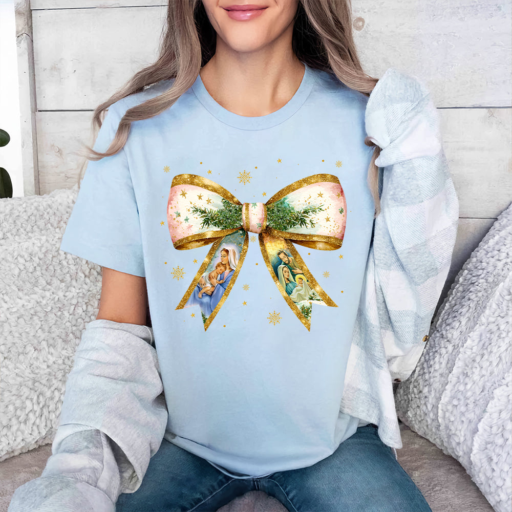 Teesdily | Jesus Christmas Coquette Bow Shirt, Christian Christmas Nativity Scene Sweatshirt, Bow Glitter Holy Family Hoodie Mug