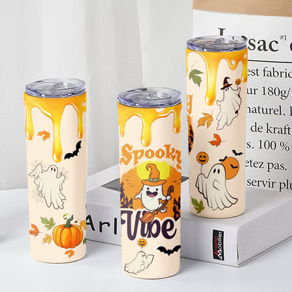 Teesdily | Halloween Spooky Vibes Ghost Skinny Tumbler, Ghost Pumpkin Bat Witch Tumbler 20oz, Cute Ghost Tumbler Cup, Happy Halloween Holiday Gifts