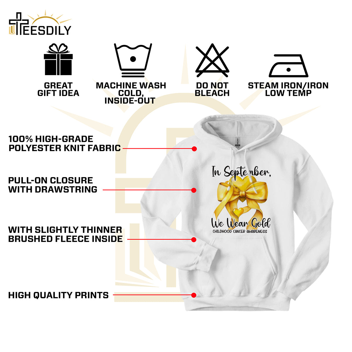 Teesdily | In September We Wear Gold Shirt, Cancer Coquette Bow Gold Sweatshirt, Childhood Cancer Awareness Hoodie Mug Survivor