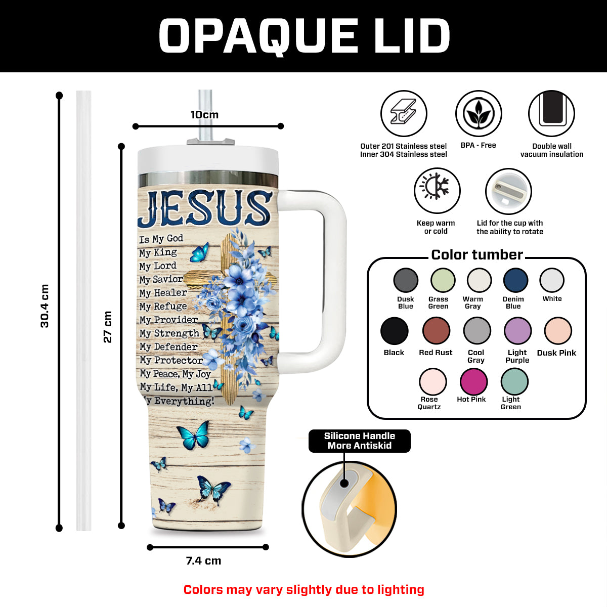 Teesdily | Customized Jesus Cross Floral Tumbler With Handle, Jesus Is King Personalized Cups, Inspirational Gifts For Women, Christian Gifts