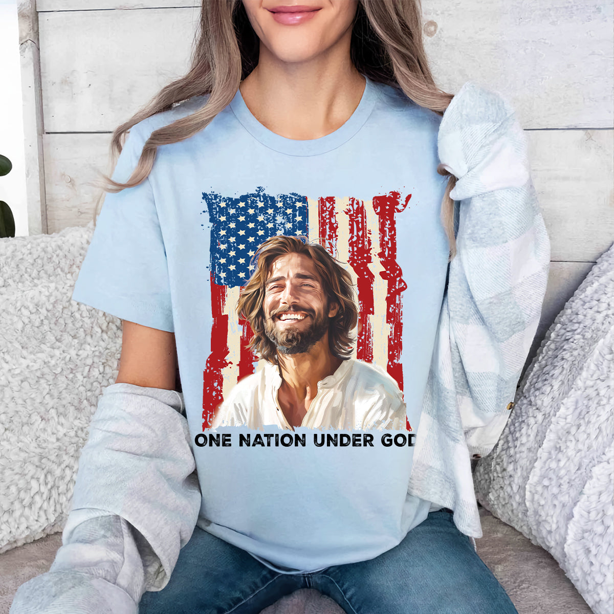 Teesdily | Jesus American Flag Shirt, One Nation Under God Sweatshirt, Christ God Hoodie, Jesus Mug Cup, Happy Independence Day, Gift For Jesus Lover