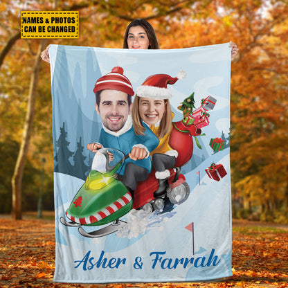 Teesdily | Couple Christmas Customize Blankets With Photos, Christmas Sled Couple Funny Sherpa Blanket, Wife Husband Customize Blanket, Xmas Gifts