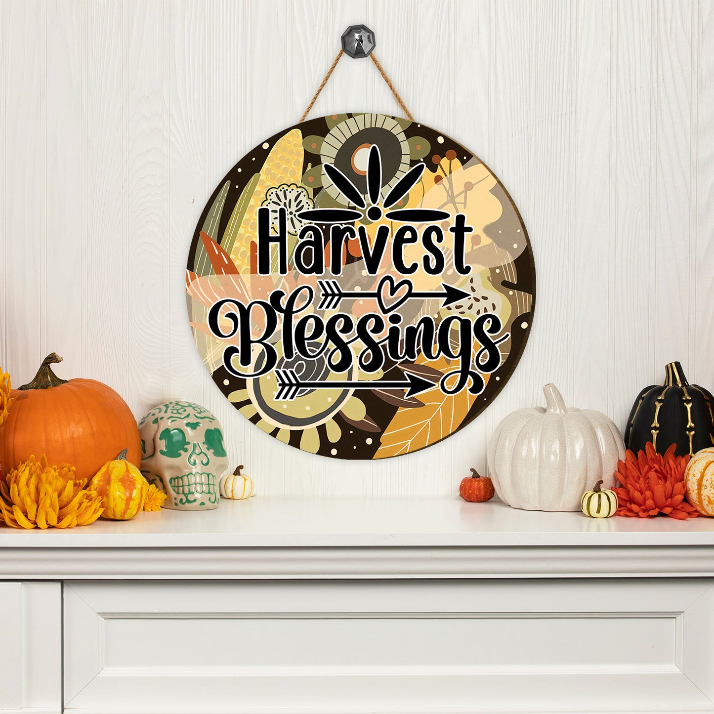 Teesdily | Autumn Harvest Blessings Thanksgiving Round Wood Sign Happy Autumn Home Decoration Outdoor Rustic Sign Farmhouse Decor Housewarming Gifts