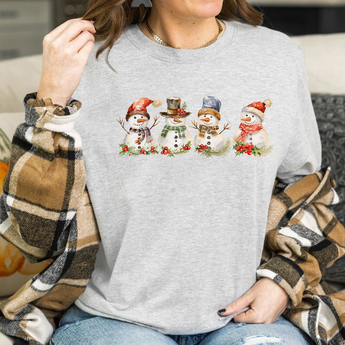 Teesdily | Snowman Shirt, Christmas Sweatshirt Snowman, Merry Christmas T-shirt, Most Wonderful Time Family Christmas Outfit