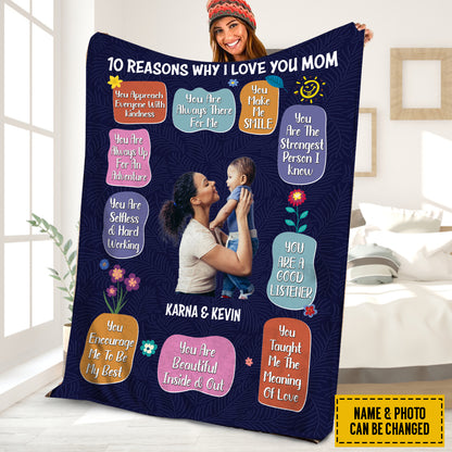 Teesdily | Personalized Photo Happy Mothers Day Blanket 10 Reasons Why I Love You Mom Sherpa Fleece Blanket Mommy Heartwarming Gift From Son Daughter