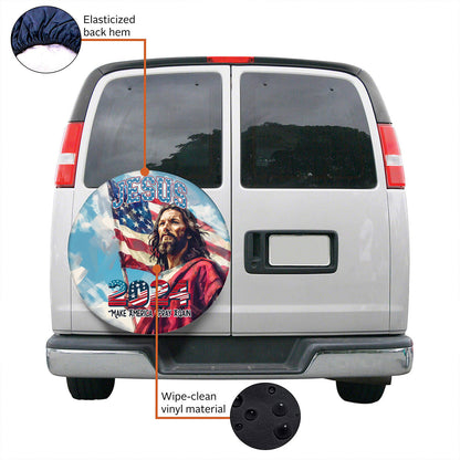 Teesdily | Jesus Christ 2024 Tire Cover, Jesus God American Flag Wheel Cover, Indepedence Car Decor, Make American Pray Again Spare Tire Cover