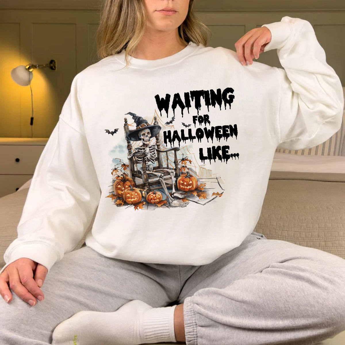 Teesdily | Funny Halloween Skeleton T-shirt, Skeleton Waiting For Halloween Like Sweatshirt Hoodie Mug, Skeleton Pumpkin Shirt, Halloween Party Gift