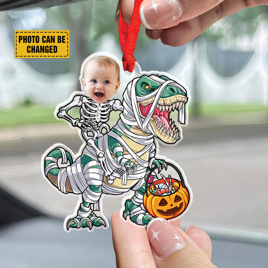 Teesdily | Customized Funny Dinosaur Pumpkin Halloween Ornament, Skeleton Kid Pumpkin Ornament Car Hanging, Trick Or Treat Ornament, Halloween Gift