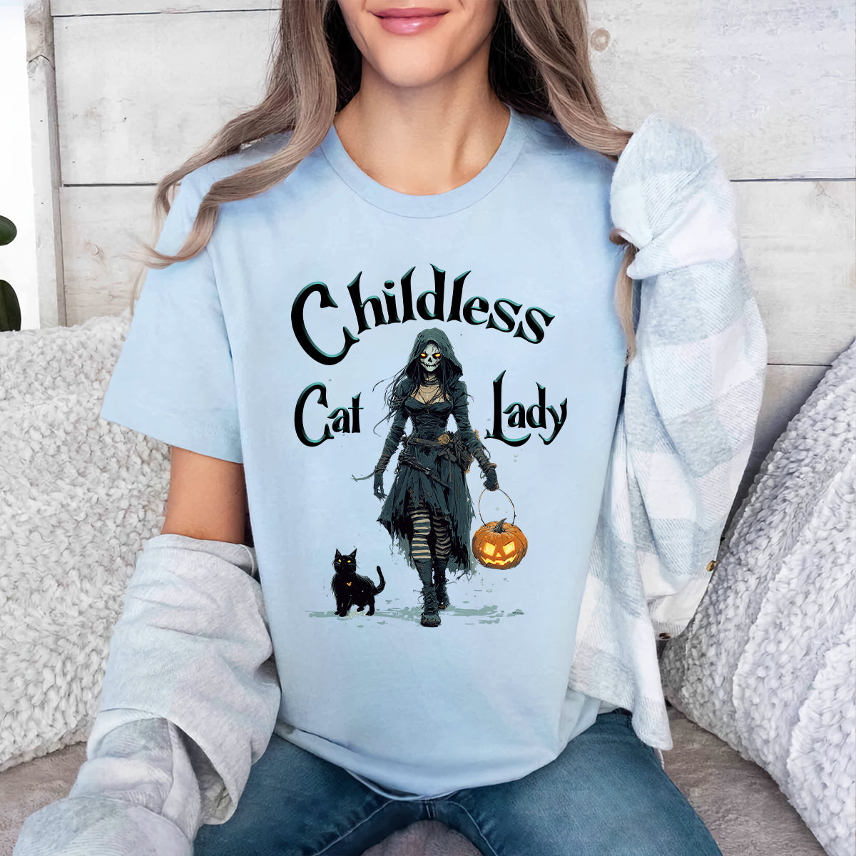 Teesdily | Childless Cat Lady Shirt, Halloween Pumpkin Witch And Cat Sweatshirt, Witchy Black Cat Hoodie Mug, Skeleton Witch T-shirt