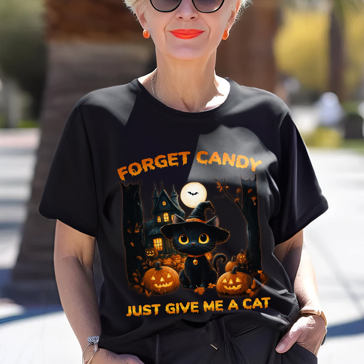 Teesdily | Halloween Cute Cat Shirt, Forget Candy Just Give Me A Cat Tee Sweatshirt Hoodie Mug, Halloween Cat Lovers Gifts, Cat Halloween Moon Shirt