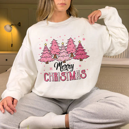 Teesdily | Merry Christmas Shirt, Pink Christmas Tree Sweatshirt, Christmas Vibes Sweater, Holiday Season Hoodie Mug Gift Mom