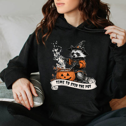 Teesdily | Retro Witch Raccoon Shirt, Time To Stir The Pot Sweatshirt, Raccoon Pumpkin Pot Hoodie Mug, Halloween Costume Family