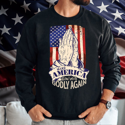 Teesdily | American Flag Jesus Praying Hands Shirt, Make America Godly Again Tee Sweatshirt Hoodie Mug, Jesus Lovers Gifts, Christian Apparel