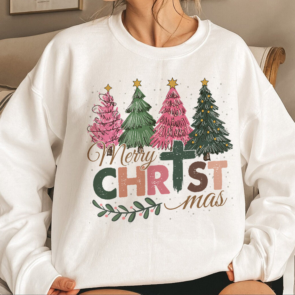 Teesdily | Merry Christmas Shirt, Jesus Christmas T-shirt, Christian Christmas Tree Sweatshirt, Holiday Christmas Hoodie Mug Gift