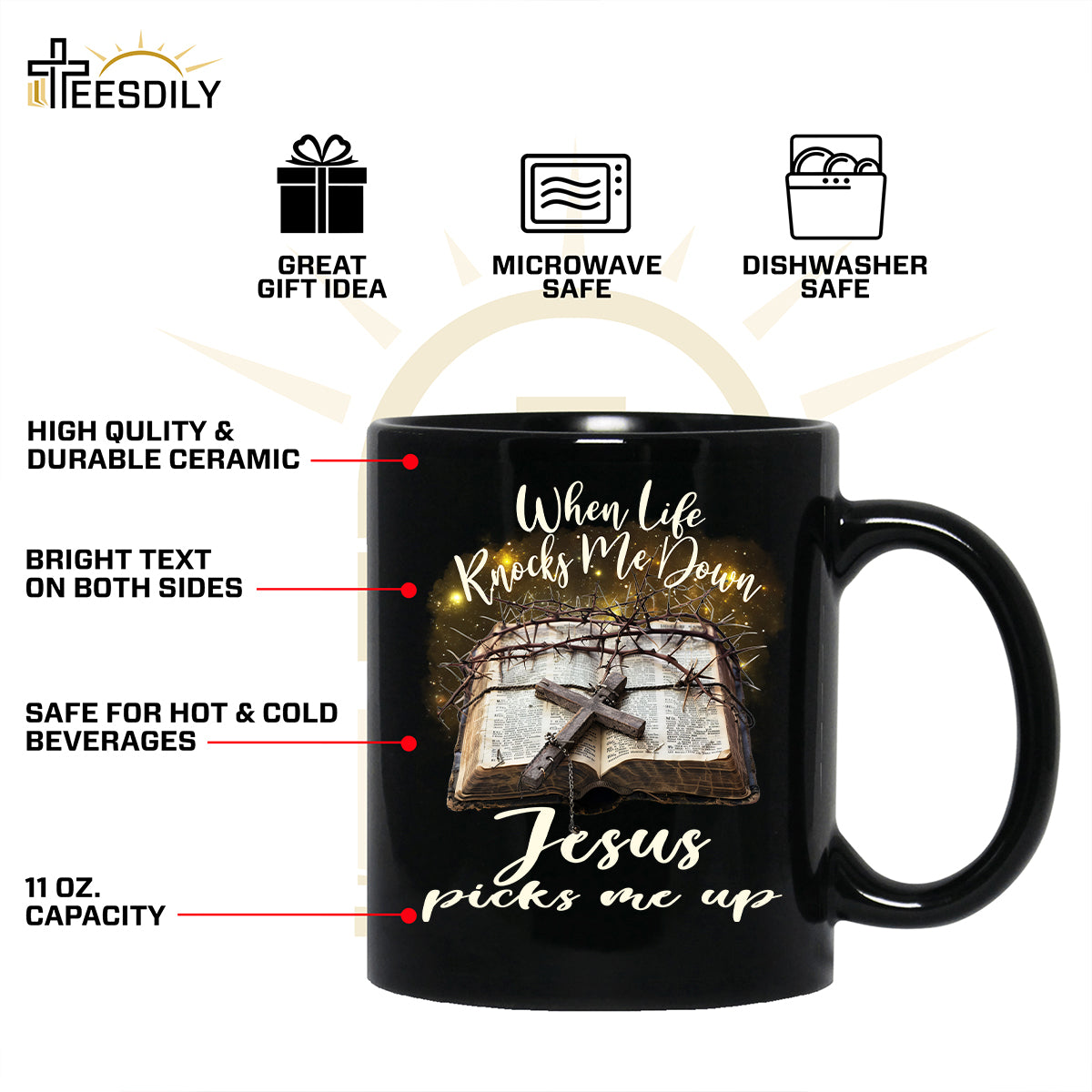 Teesdily | Jesus Cross Bible Book Shirt, When Life Knocks Me Down Jesus Picks Me Up, God Gift, Unisex Tshirt Hoodie Sweatshirt Mug