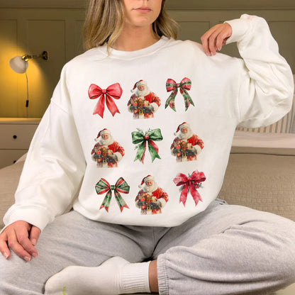 Teesdily | Christmas Coquette Bow Santa Shirt, Santa Coquette Bow Sweatshirt, Vintage Christmas Bow Hoodie, Retro Christmas Family T-shirt, Xmas Gift