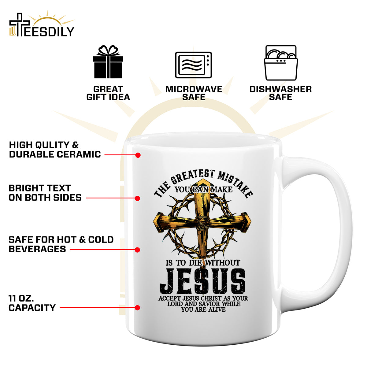 Teesdily | Jesus Cross Crown Light Shirt, The Greatest Mistake You Can Make Is To Die Without Jesus Unisex Tee Hoodie Sweatshirt Mug, Jesus Lovers Gifts