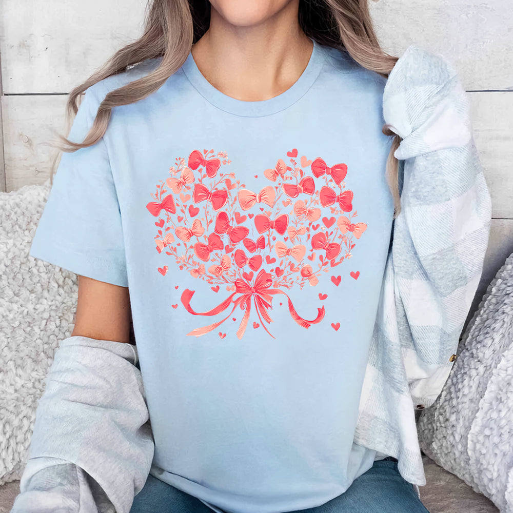 Teesdily | Coquette Valentine Bow Heart Shirt, Pink Bow Heart Valentines Day Sweatshirt, Love Bow Hoodie Mug Valentine Gift