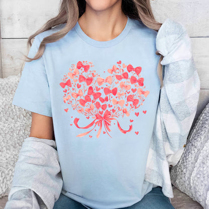 Teesdily | Coquette Valentine Bow Heart Shirt, Pink Bow Heart Valentines Day Sweatshirt, Love Bow Hoodie Mug Valentine Gift