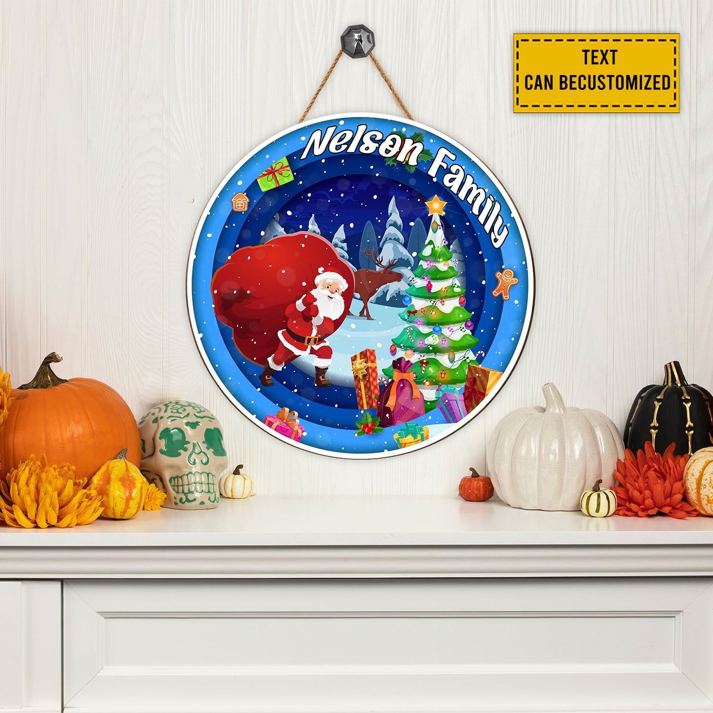 Teesdily | Customized Santa Christmas Night Round Wood Sign Custom Name Sign Christmas Theme Front Door Welcome Xmas Party Gifts