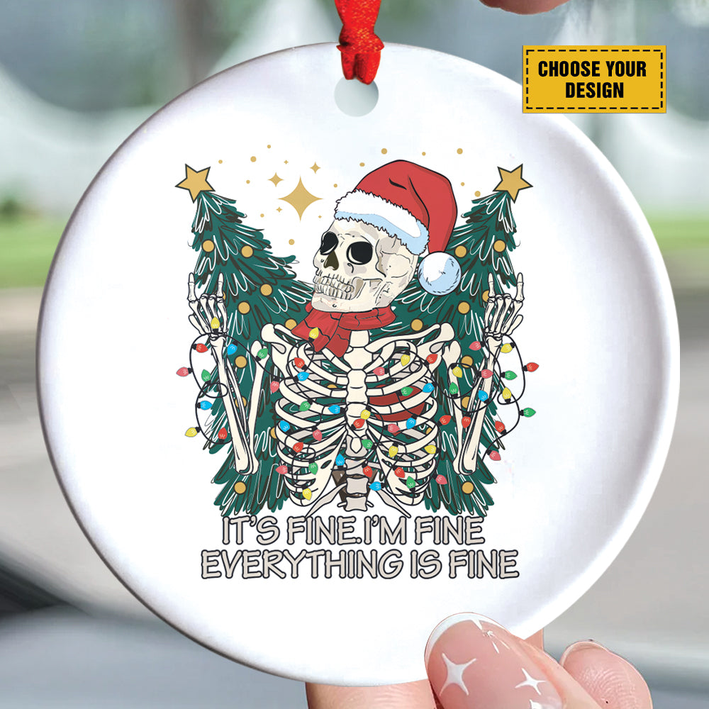 Teesdily | Santa Skeleton Christmas Light Ceramic Ornament, Merry Christmas Everything Is Fine Christmas Ornament, Xmas Gift