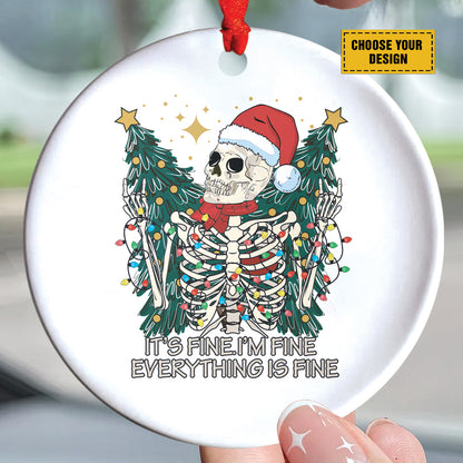 Teesdily | Santa Skeleton Christmas Light Ceramic Ornament, Merry Christmas Everything Is Fine Christmas Ornament, Xmas Gift