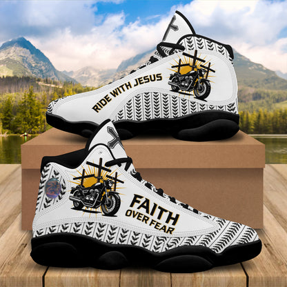 Teesdily | Ride With Jesus Basketball Shoes, Faith Over Fear Christian Running Shoes, Jesus Cross Footwear Unisex Shoes