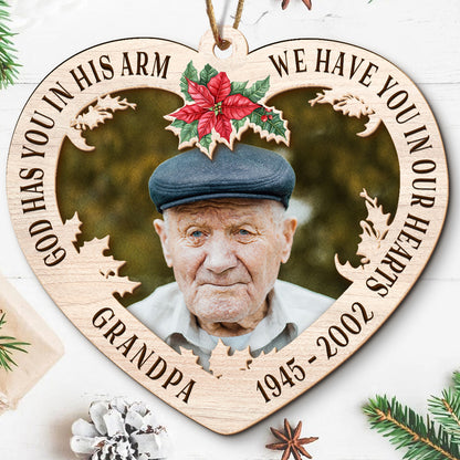 Teesdily | Customized God Has You In His Arm Memorial 2 Layer Wood Ornament, Memory Family Ornament, Christmas Remembrance Gift