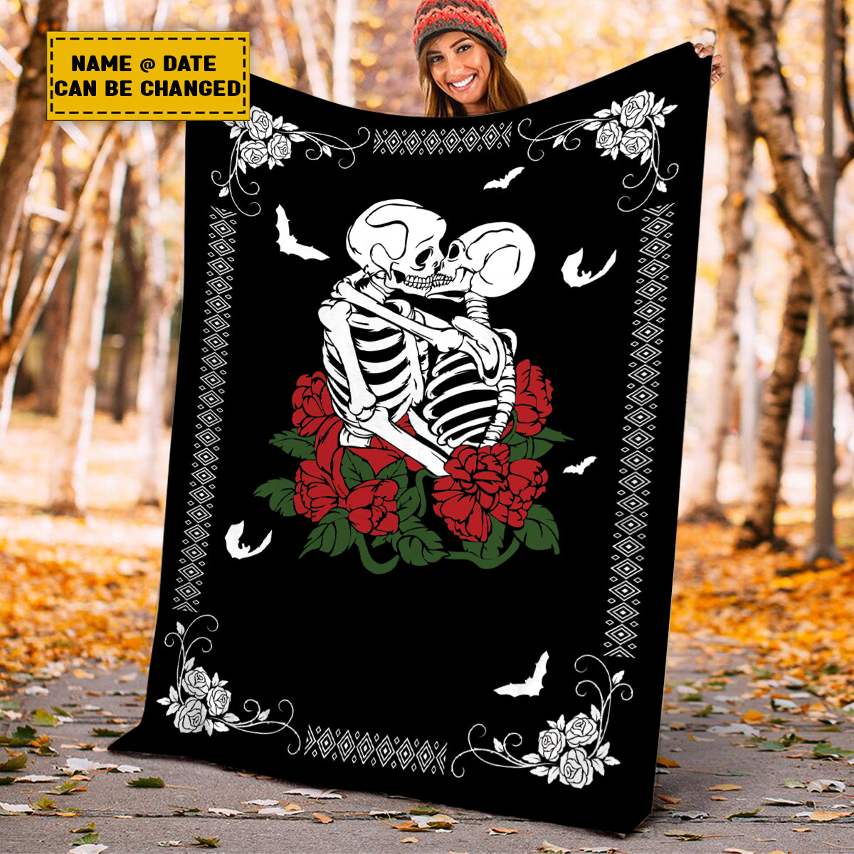 Teesdily | Personalized Skull Throw Blanket Custom Spooky Skeleton Rose Together Forever Fleece Blanket Gothic Skeleton Halloween Couples Funny Gifts