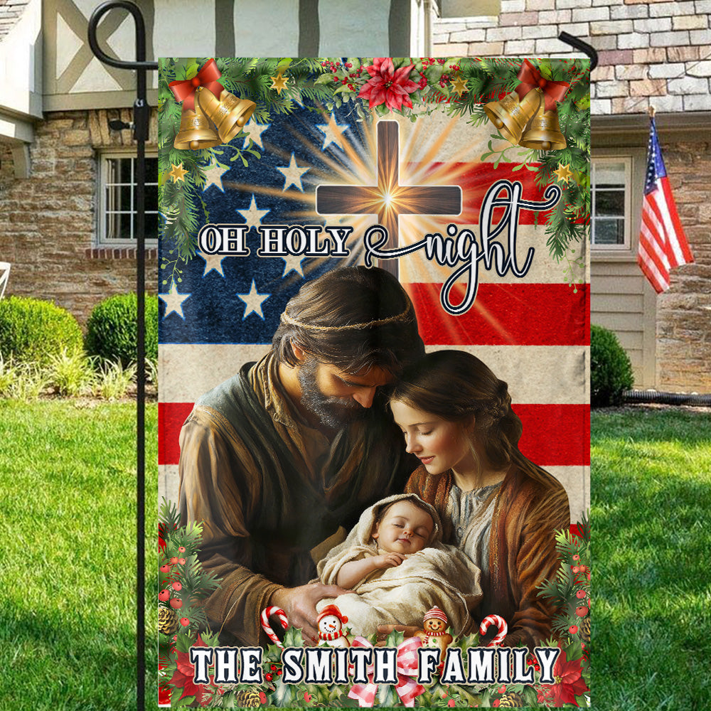 Teesdily | Customized Nativity Of Jesus Holy Family American Flag House, Oh Holy Night Christmas Garden Flag Decoration Yard