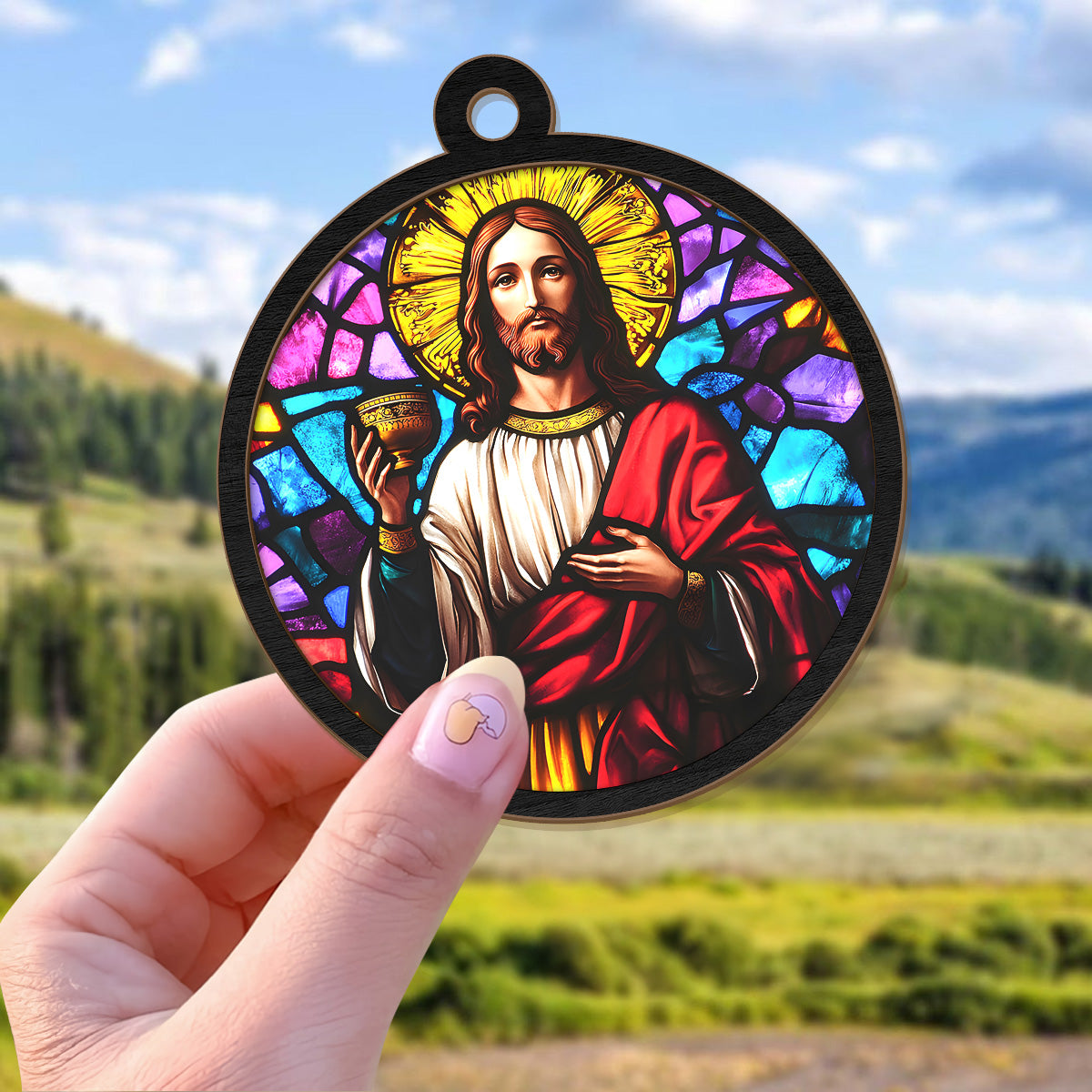 Teesdily | Jesus Holy Communion Scene Suncatcher, Jesus Christ Cup Stained Glass Suncatcher, Christmas Ornament Hanging, Xmas Decoration Gift