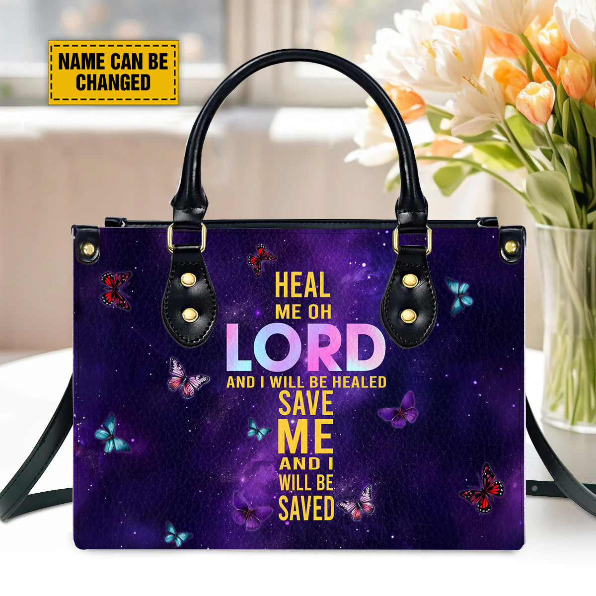 Teesdily | Customized Jesus Cross Butterfly Floral Bag, Heal Me Lord Save Me Bible Verse Leather Bag, Flower Bag Woman, Christmas Gift For Jesus Lover