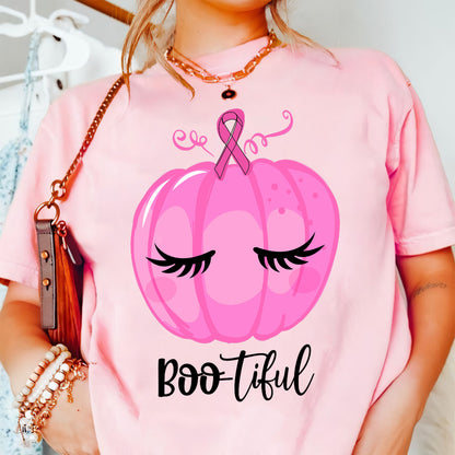 Teesdily | Pink Pumpkin Bootiful Shirt, Breast Cancer Halloween Sweatshirt, Pink Ribbon Pumpkin Cancer Fighter Hoodie Mug, Cancer Month Gift