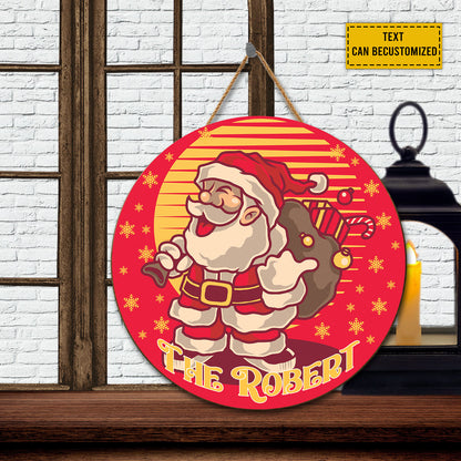 Teesdily | Customized Santa Claus Wood Name Sign Santa Merry Christmas Retro Front Door Sign Front Door Welcome Christmas Gifts