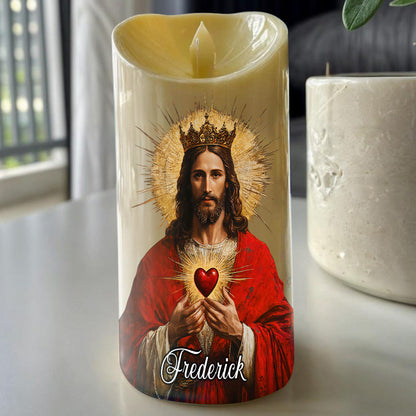 Teesdily | Custom Sacred Heart Of Jesus LED Candle No Battery, Jesus Prayer Cross Flower Candle, Religious Christmas Light Gift