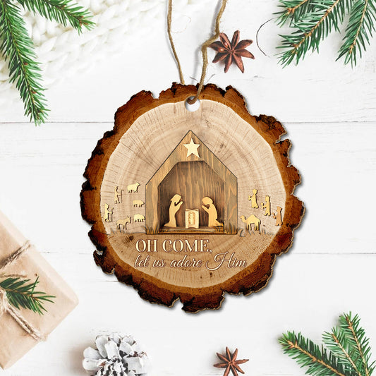 Teesdily | Jesus Nativity Wood Ornament, Oh Come Let Us Adore Him Printed Wood Ornament, Jesus Lovers Gifts, Christian Christmas Decor, Xmas Decor