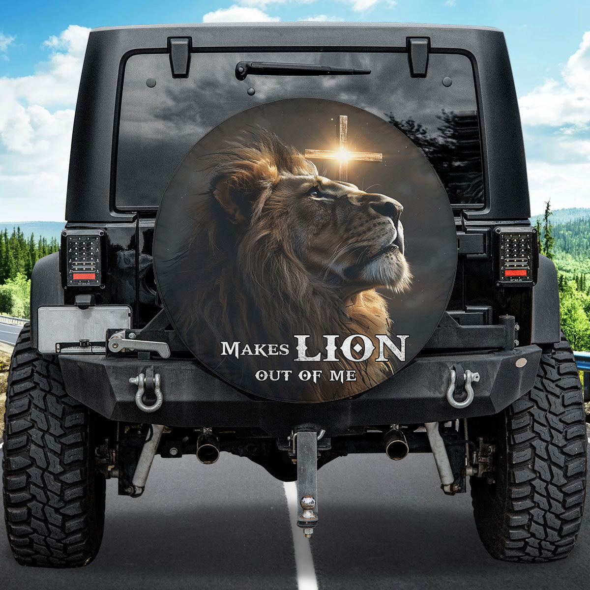 Teesdily | Lion Of Judah Spare Wheel Cover, Makes Lion Out Of Me Tire Protector Bag, Christian Car Accessories Spare Tire Cover 27"-34"