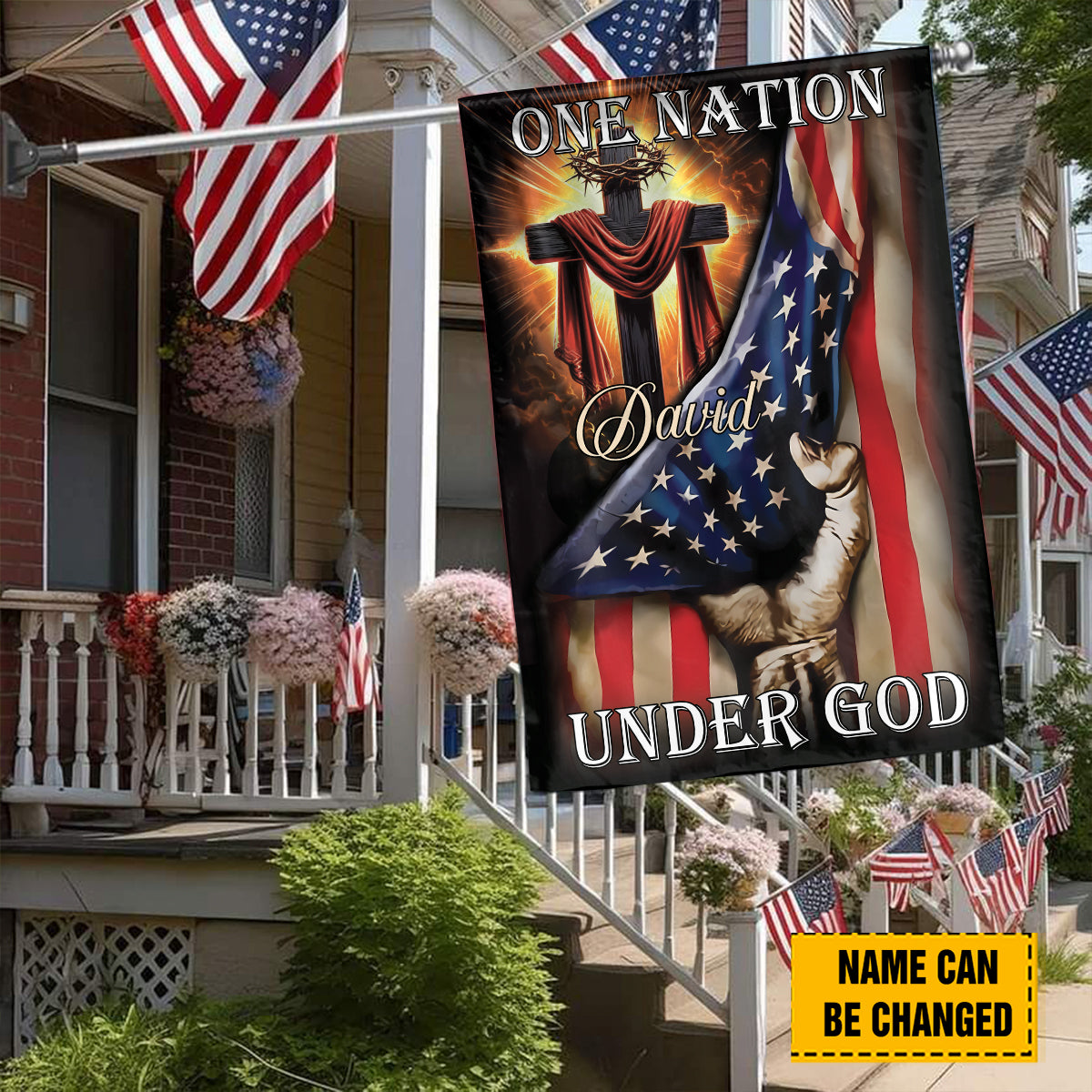 Teesdily | Personalized Jesus Cross American Flag, One Nation Under God Garden Flag, Christian American House Flag, 4th Of July Pastor Gifts