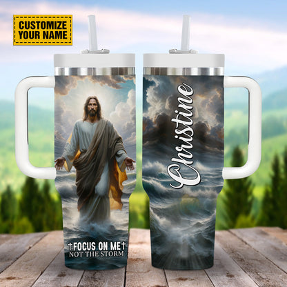 Teesdily | Customized Jesus Beach Portrait Art Insulated Tumbler, Focus On Me Not The Storm Tumbler With Straw, Christian Gift For Jesus Lovers