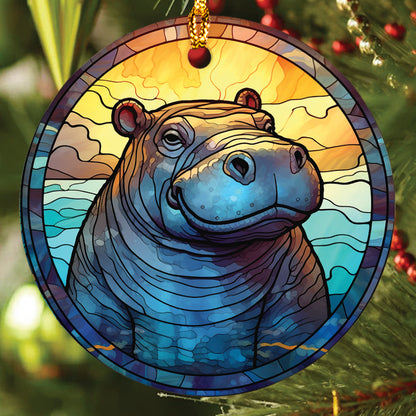 Teesdily | Stained Glass Art Hippo Ceramic Ornament, Hippopotamus Christmas Ornament, Xmas Gift Ornament, Cute Baby Hippo Gift