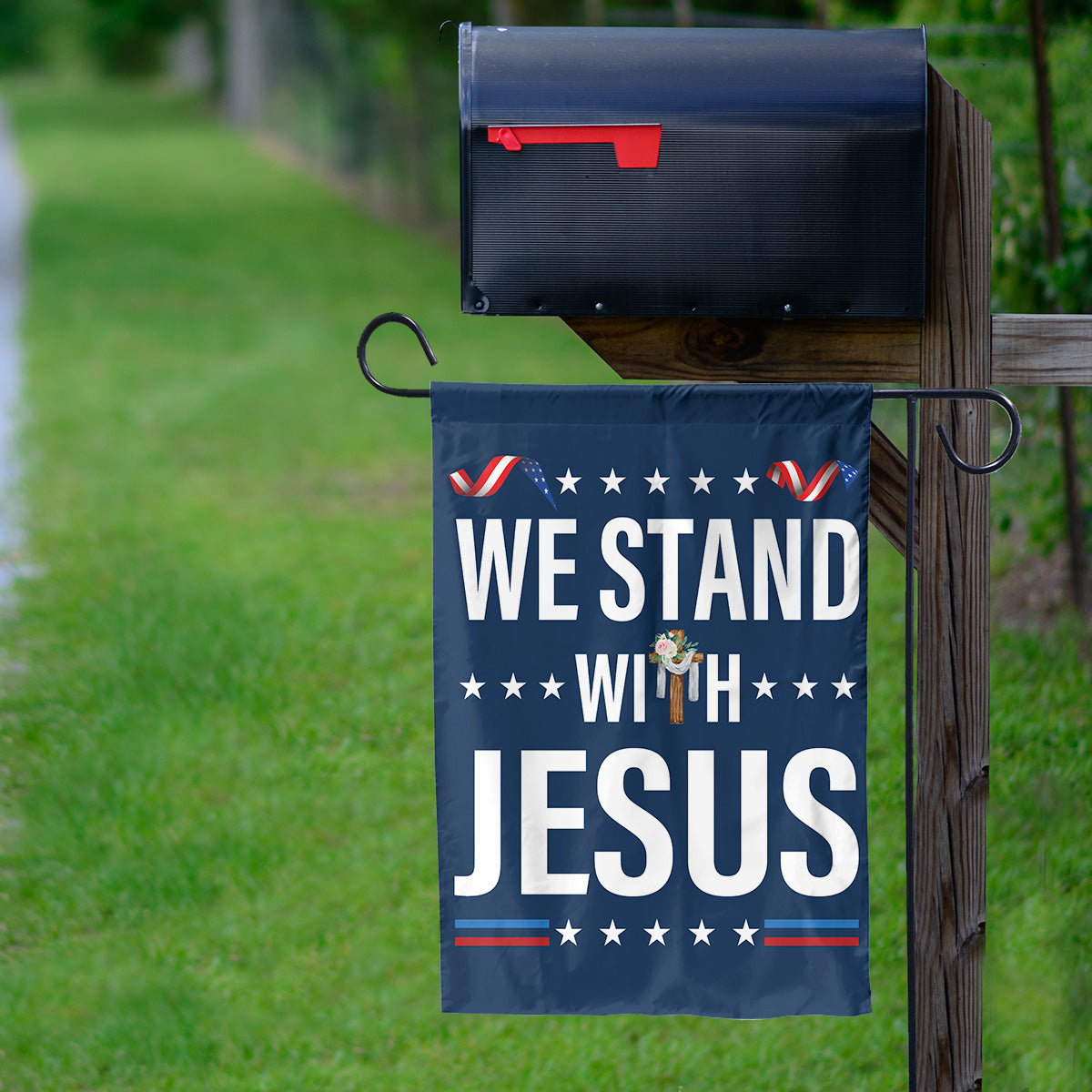 Teesdily | We Stand With Jesus House Flag, Christian Cross Flower Garden Flag, Christian Patriotic Yard Decor, Christ Banner Flag, Jesus Lovers Gifts