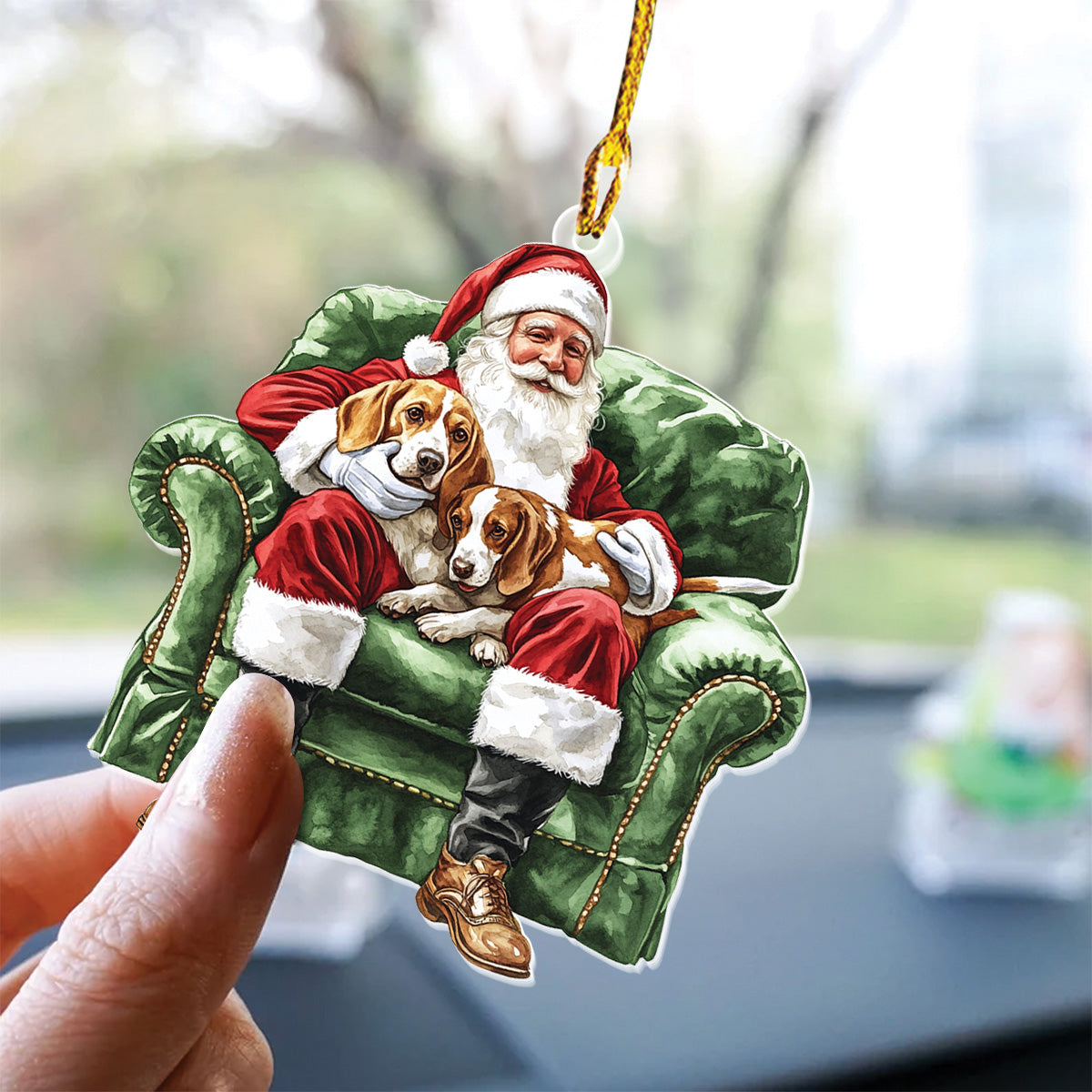 Teesdily | Santa Beagles Ornament Christmas, Santa Claus Dog On Sofa 2D Acrylic Ornament Hanging Decor, Dog Mom Christmas Gift