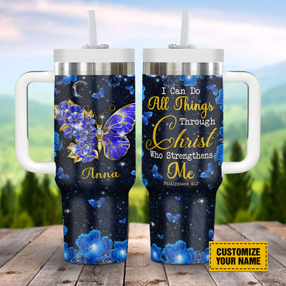 Teesdily | Customized Butterfly Jewelry Tumbler, I Can Do All Things Through Christ Insulated Tumbler, Jesus Lover Gifts, 40oz Tumbler With Handle