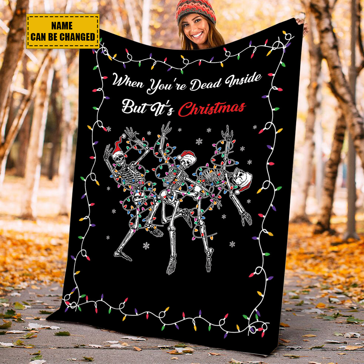 Teesdily | Personalized Christmas Skeleton Dancing Blanket Merry Christmas Sherpa Blanket When You're Dead Inside But It's Christmas Funny Xmas Gifts