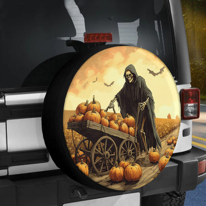 Teesdily | Halloween Skeleton Pumpkin Car Spare Tire Cover, Grim Reaper Halloween Pumpkin Field Wheel Cover, Car Decor, Halloween Gifts