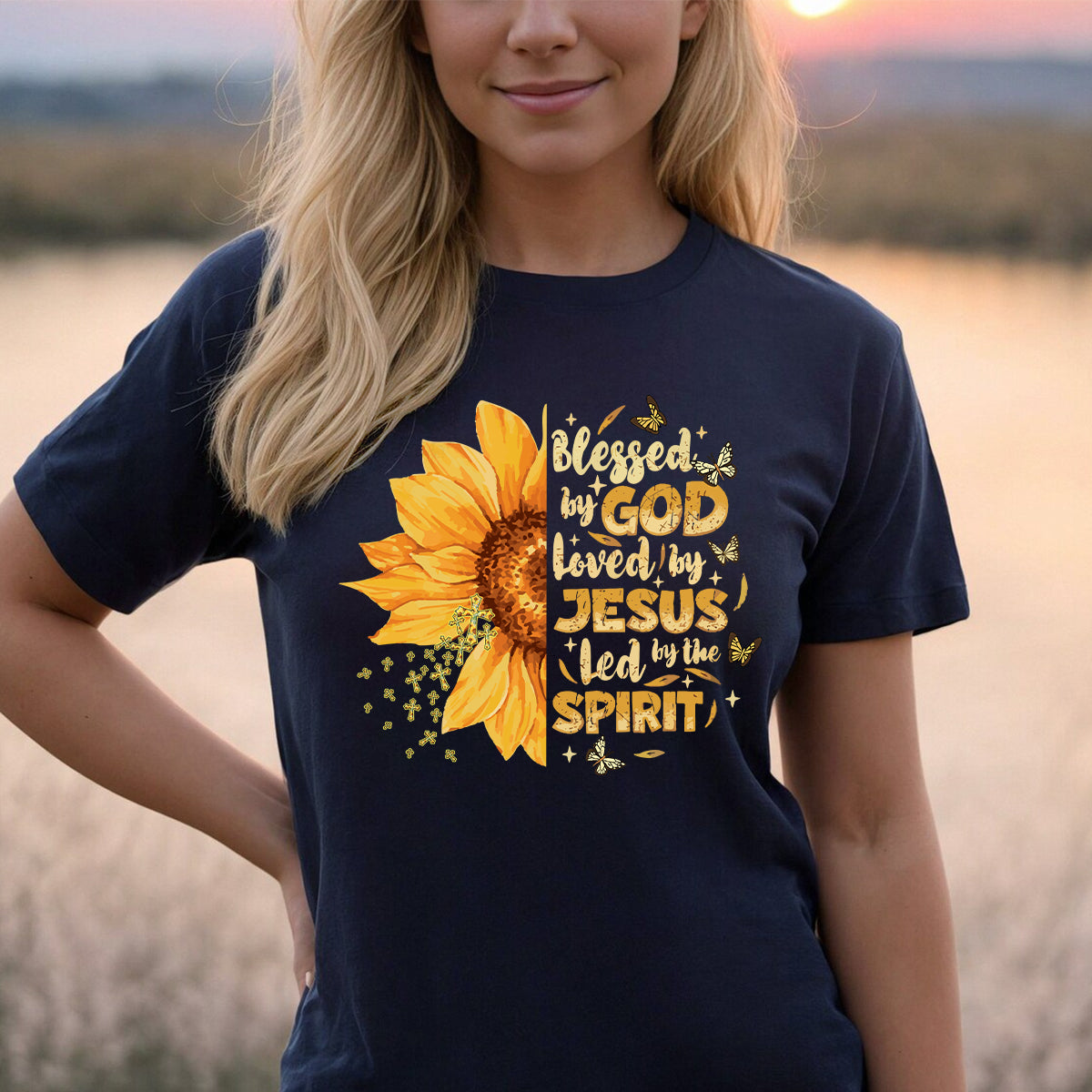 Teesdily | Jesus Christ Sunflower Tshirt, Blessed By God Loved By Jesus Sweatshirt Hoodie Mug, Jesus Cross Butterfly Shirt, Christian Girl Gifts